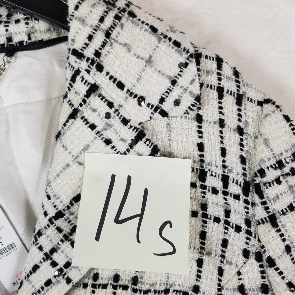 White House Black Market Tweed Skirt Blazer Suit Set 12 Black White Plaid Wool - Picture 10 of 16